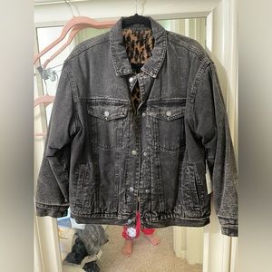 Leopard plush lined faded black Jean jacket